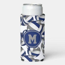 Enfriador De Latas Slim Patrón de voleibol gris azul monogramado