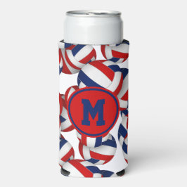 Enfriador De Latas Slim Patrón de voleibol rojo monogramado