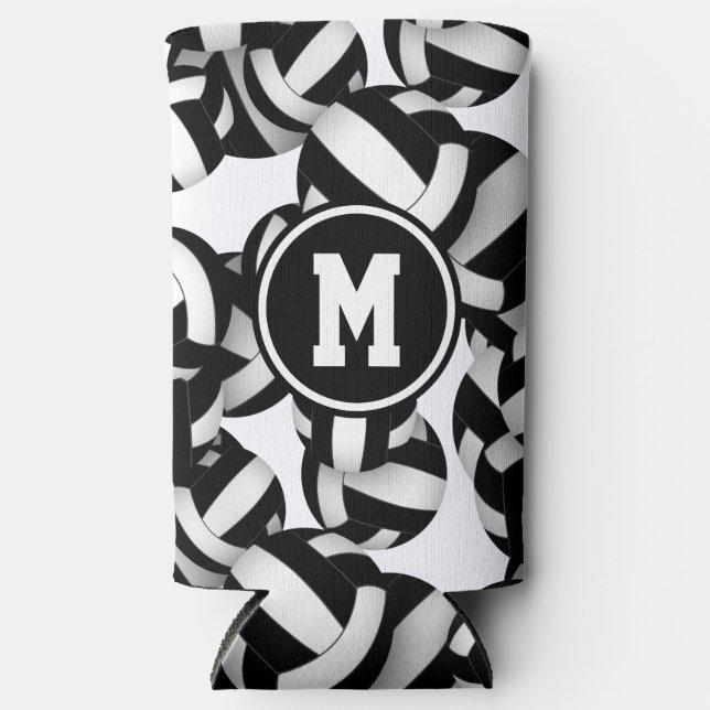 Enfriador De Latas Slim patrón negro de voleibol blanco con monograma del  (Anverso)