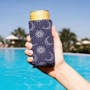 Enfriador De Latas Slim Patrón ornamental de la luna azul vintage