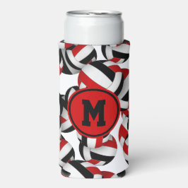 Enfriador De Latas Slim Patrón rojo de voleibol negro con monograma del ju