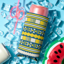 Enfriador De Latas Slim Patrón tribal tradicional azul verde