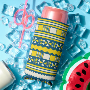 Enfriador De Latas Slim Patrón tribal tradicional azul verde