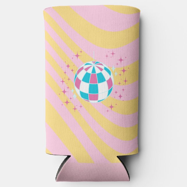 Enfriador De Latas Slim Pelota de disco rosada, arte Fiesta, preppy, estil (Anverso)