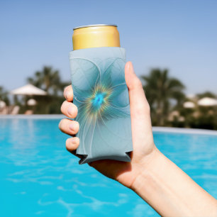 Enfriador De Latas Slim Pequeña belleza arte fractal moderno azul dorado F