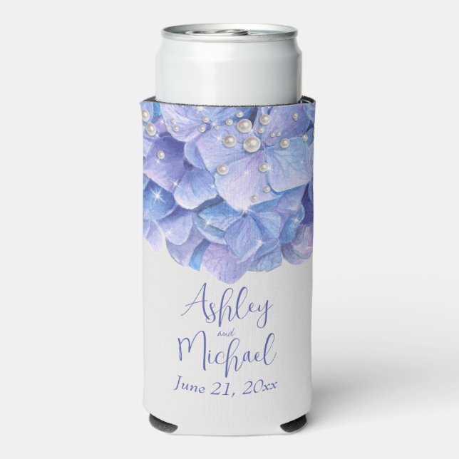 Enfriador De Latas Slim Perlas e hidrangea azul Bodas invitados regalos (Reverso Agua con Gas)