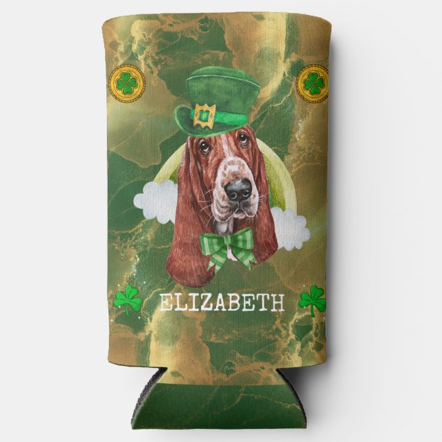 Enfriador De Latas Slim Personalizado Basset Hound Gold St Patricks (Anverso)