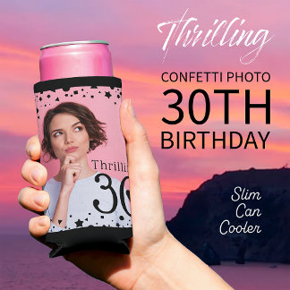 Enfriador De Latas Slim Personalizado Foto Confetti Rosa Negro Cumpleaños
