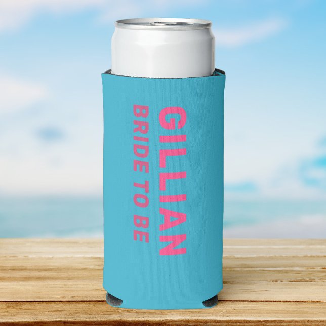 Enfriador De Latas Slim Personalizado Fun Moderno Bachillerato Viaje de Ve (a teal seltzer can cooler with pink simple font reading Allison and Bridesmaid smaller in darker )