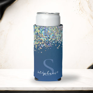 Enfriador De Latas Slim Personalizado Glitter Holográfico Monograma Azul M