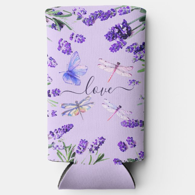 Enfriador De Latas Slim Personalizado Lavender Dragonfly Shabby Chic Boho  (Anverso)