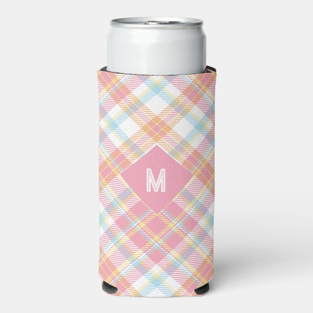 Enfriador De Latas Slim Personalizado Monograma Tapado / Patrón Tartán (Frente Agua con Gas)