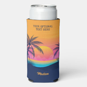 Enfriador De Latas Slim Personalizado Texto Isla tropical Atardecer