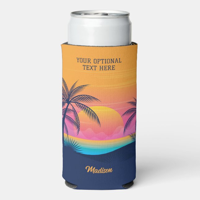 Enfriador De Latas Slim Personalizado Texto Isla tropical Atardecer (Reverso Agua con Gas)