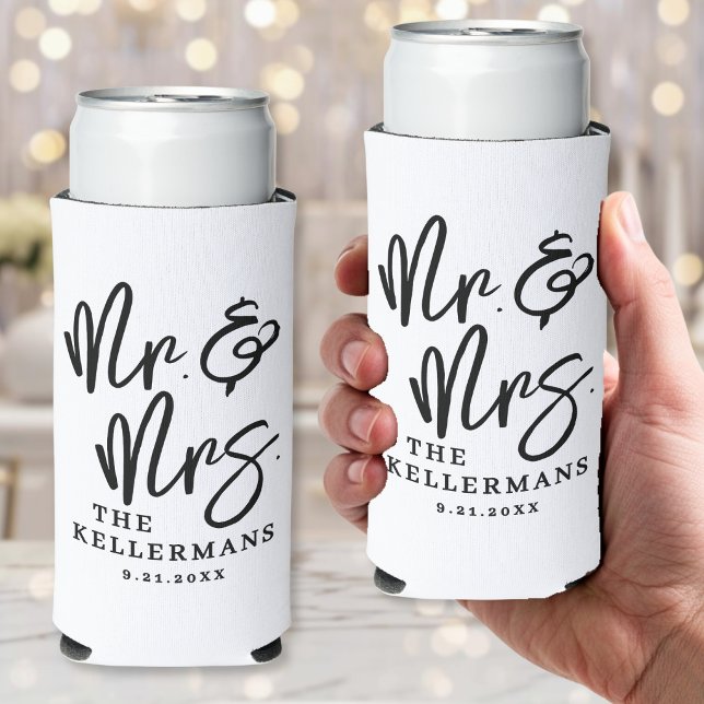 Enfriador De Latas Slim Personalized Mr. And Mrs. Wedding (Personalized Mr. And Mrs. Wedding Seltzer Can Cooler )