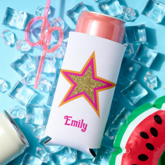 Enfriador De Latas Slim Personalized name elegant gold &pink star 