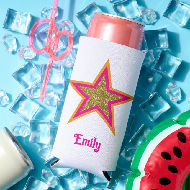 Enfriador De Latas Slim Personalized name elegant gold &pink star  (Verano in situ)