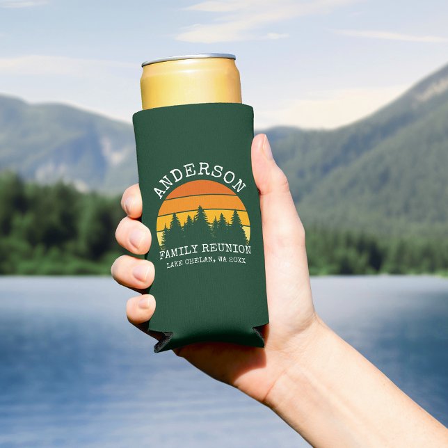 Enfriador De Latas Slim Pine Trees de Reunión Familiar Verde Abierto (Customize to change text size or text style.)