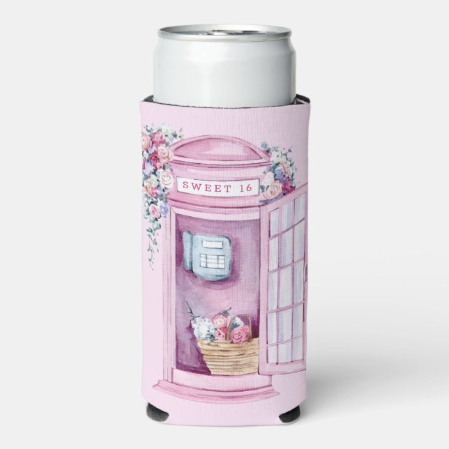 Enfriador De Latas Slim Pink Floral Phone Booth | Dulce 16 (Frente Agua con Gas)