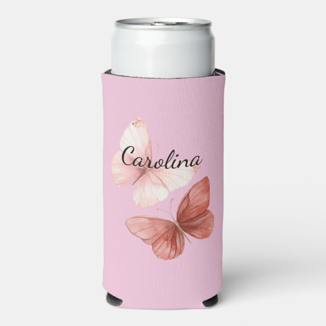 Enfriador De Latas Slim Pink Red Butterflies (Frente Agua con Gas)