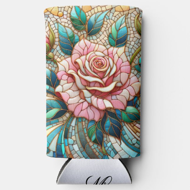Enfriador De Latas Slim Pink Roses Stained Glass Mosaic Monogram (Anverso)