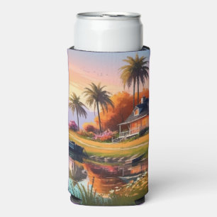 Enfriador De Latas Slim Pintura de puesta de sol en la naturaleza con lago