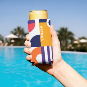 Enfriador De Latas Slim Playa de Monograma de Patrón Geométrico Abstracto 