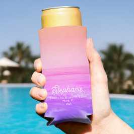 Enfriador De Latas Slim Playa Tropical Rosa Brillante Bachelorette Trendy