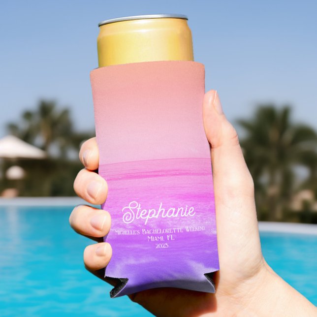Enfriador De Latas Slim Playa Tropical Rosa Brillante Bachelorette Trendy (Bachelorette Seltzer Can Coolers, Personalized Bachelorette Favors with Name, Peach Pink Purple)
