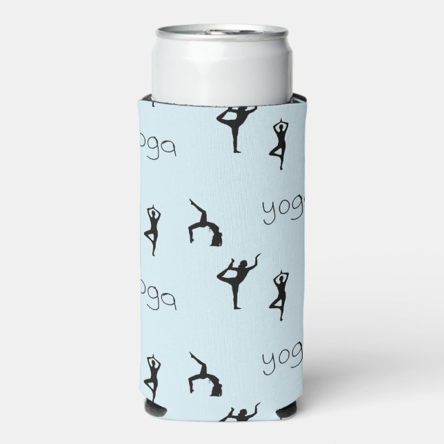 Enfriador De Latas Slim Posturas de yoga y patrón de texto en azul (Frente Agua con Gas)