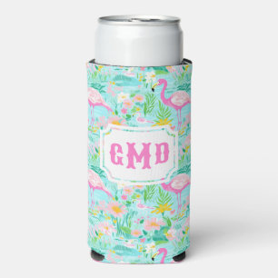 Enfriador De Latas Slim Preppy Summer Flamingo   Monograma