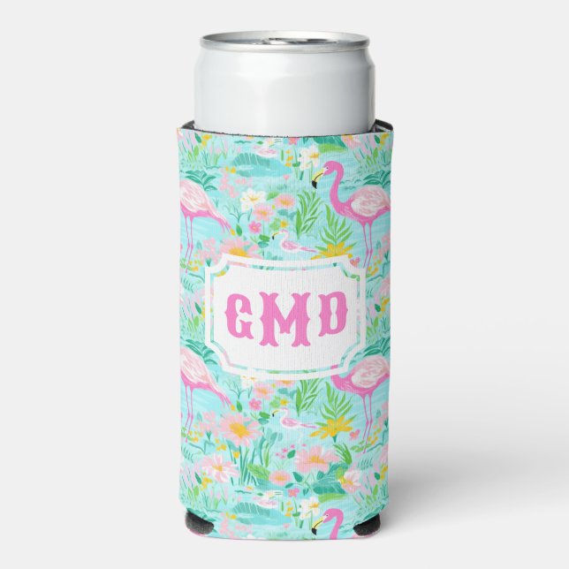 Enfriador De Latas Slim Preppy Summer Flamingo | Monograma (Frente Agua con Gas)