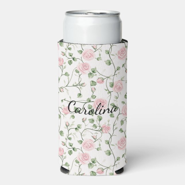 Enfriador De Latas Slim Pretty Pink Roses Floral   (Frente Agua con Gas)
