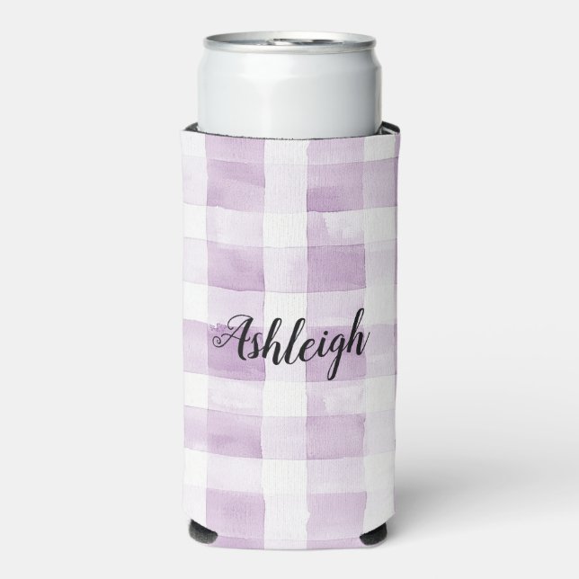 Enfriador De Latas Slim Purple White Plaid Stripes Birthday (Frente Agua con Gas)