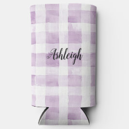 Enfriador De Latas Slim Purple White Plaid Stripes Birthday