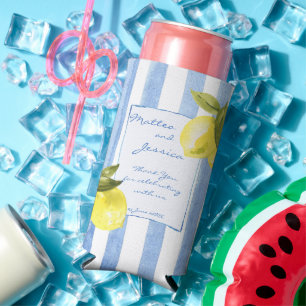 Enfriador De Latas Slim Rayas azules caseras limones Bienvenida de la boda