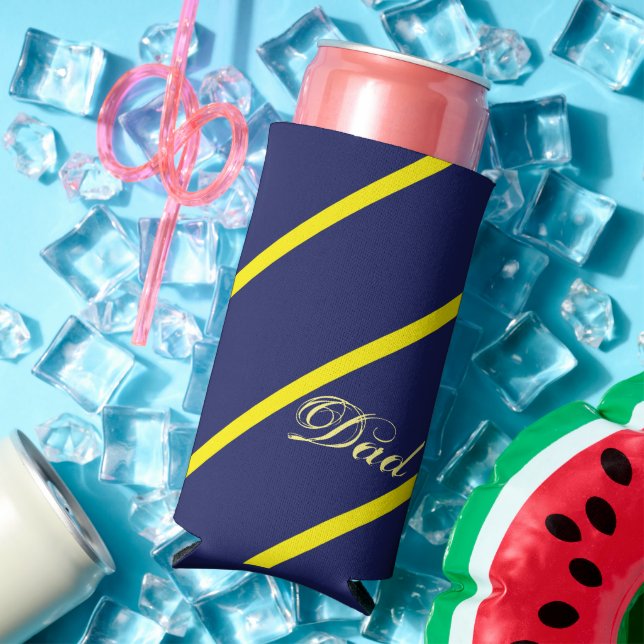Enfriador De Latas Slim Rayas diagonales azules y amarillas con texto padr (Verano in situ)