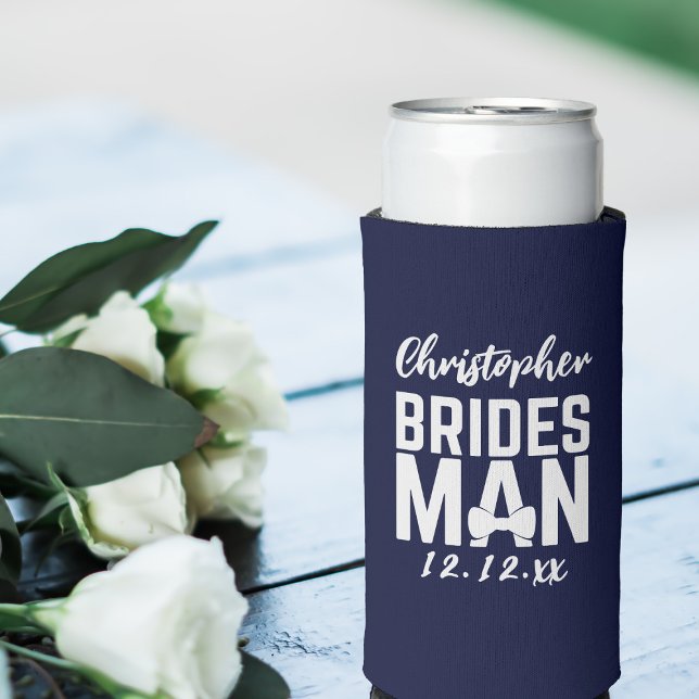 Enfriador De Latas Slim Refrigerador de bebidas Boda de Navy Blue Bridesma (Just add your Bridesman's name and your wedding date)