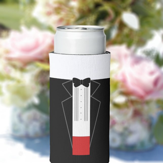 Enfriador De Latas Slim Refrigerador de bebidas Boda de Tuxedo personaliza (Just add a name to this fun black tuxedo can cooler.)
