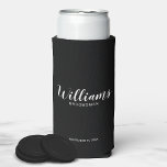 Enfriador De Latas Slim Refrigerador de bebidas de Groomsmen personalizado<br><div class="desc">Refrigerador de bebidas Groomsmen personalizado con guión moderno con el nombre personalizado del groomsman en blanco estilo de letra estilo de escritura moderno con título y fecha boda en sans serif moderno estilo de fuente sobre fondo negro. También perfecto para la empleada de honor, la niña flor, la madre de...</div>