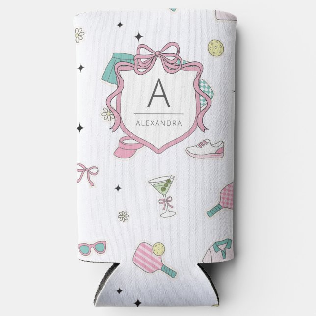 Enfriador De Latas Slim Regalo de pickleball con monograma rosa para ella (Anverso)