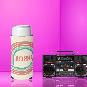 Enfriador De Latas Slim Retro 1986 40 cumpleaños Coral Boho Rayas