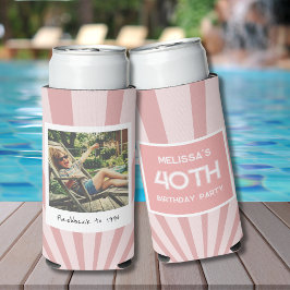 Enfriador De Latas Slim Retro 40th Birthday Pink Stripe Can Cooler