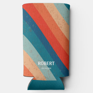 Enfriador De Latas Slim Retro Stripes 70s Vintage Script Minimalist Name