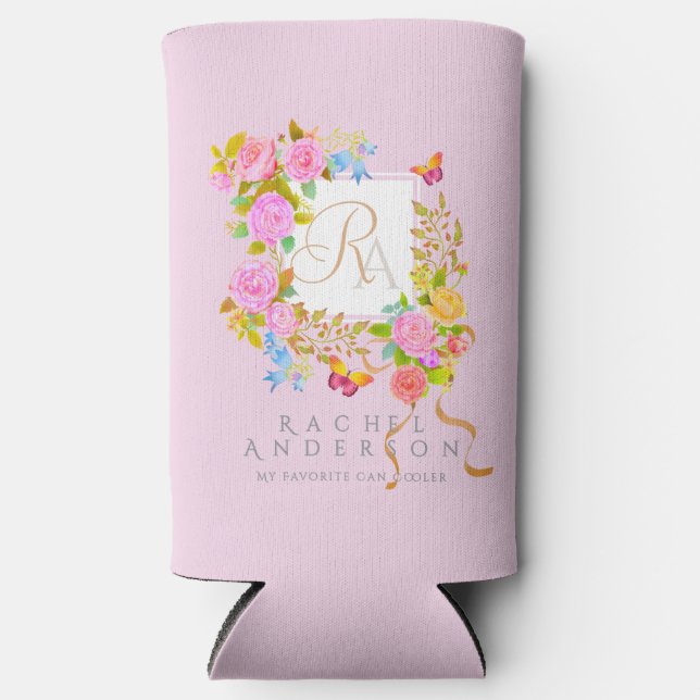 Enfriador De Latas Slim Romaníes florecientes Jardín Monograma Rosa (Anverso)