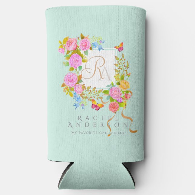 Enfriador De Latas Slim Romaníes florecientes Jardín Monograma Verde (Anverso)