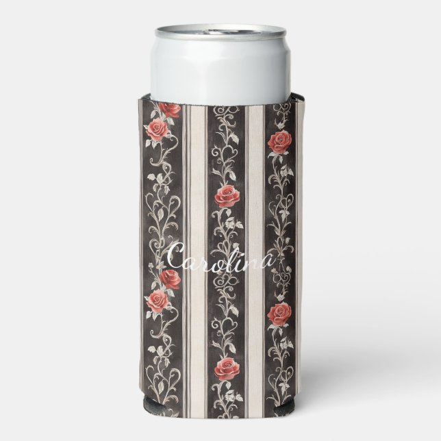 Enfriador De Latas Slim Romantic Black Red Stripes Roses Floral (Frente Agua con Gas)