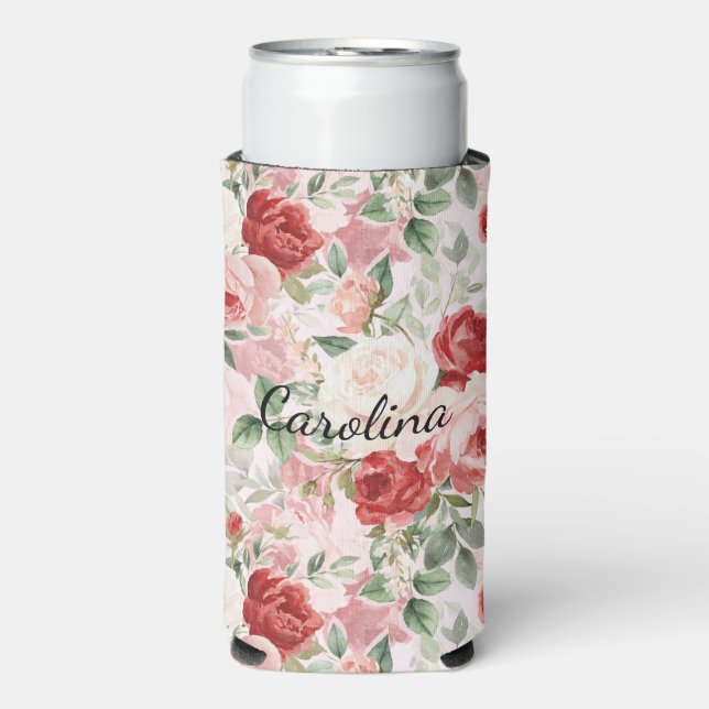 Enfriador De Latas Slim Romantic Blush Pink Red Roses Floral (Frente Agua con Gas)