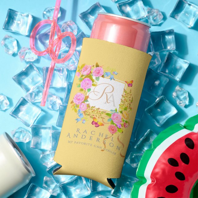 Enfriador De Latas Slim Romántico florecimiento Jardín Monograma Oro Amari (Verano in situ)