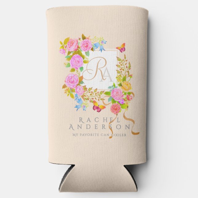 Enfriador De Latas Slim Romantics Blooming Garden Monograma Beige (Anverso)